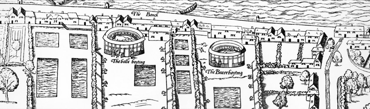 O local do teatro de Shakespeare, detalhe de Civitas Londin, mapa de Londres, impressão de xilogravura de 1560 de Ralph Agas