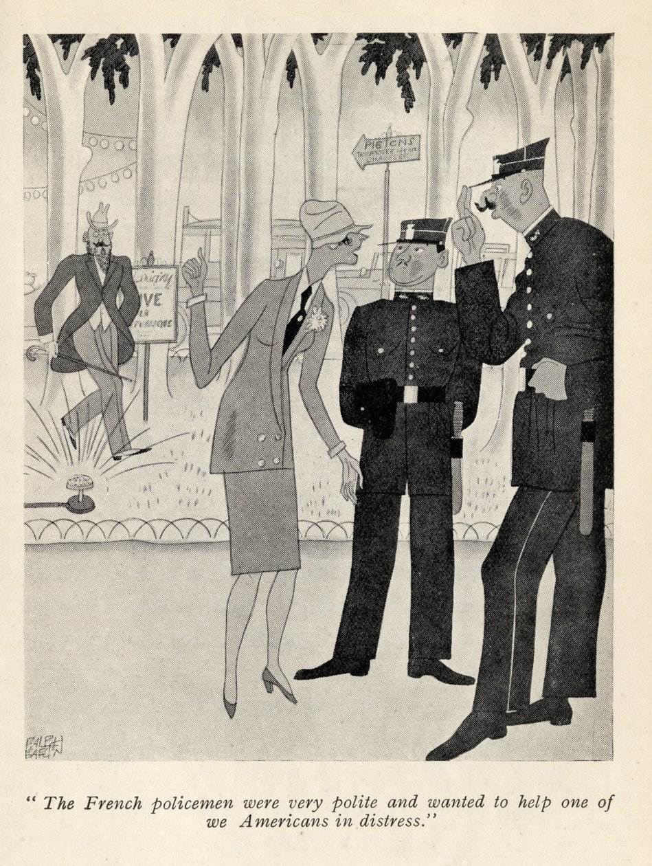 "Os policiais franceses foram muito educados ...", ilustração de "But Gentlemen Marry Brunettes", de Anita Loos, publicada em 1928 de Ralph Barton