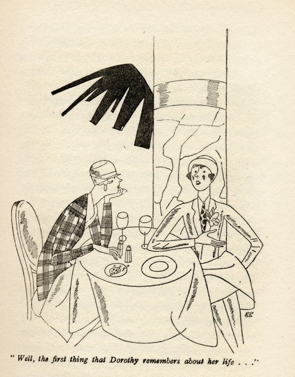 "Bem, a primeira coisa que Dorothy se lembra de sua vida ...", ilustração de "But Gentlemen Marry Brunettes", de Anita Loos, publicada em 1928 de Ralph Barton