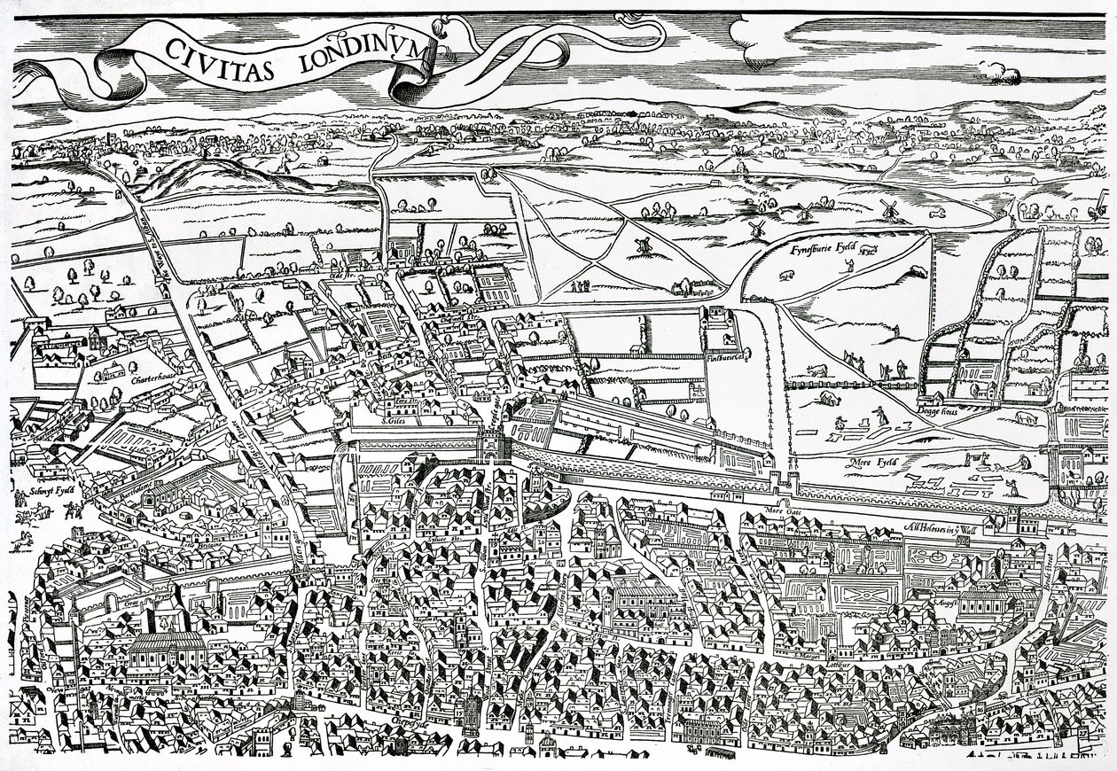 Detalhe de Londres Norte da cidade de Civitas Londinium (impressão em bloco de madeira) de Ralph Agas