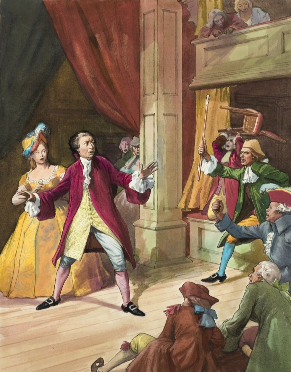 David Garrick (1717-79) enfrentando um motim de espectadores (guache sobre papel) de Ralph Bruce