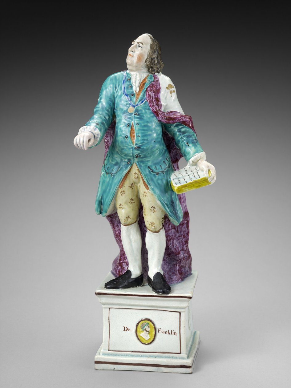 Figura de Benjamin Franklin, c. 1782-1795 (faiança esmaltada com chumbo (pérolas) com esmalte sobre esmalte) de Ralph Sr. Wood