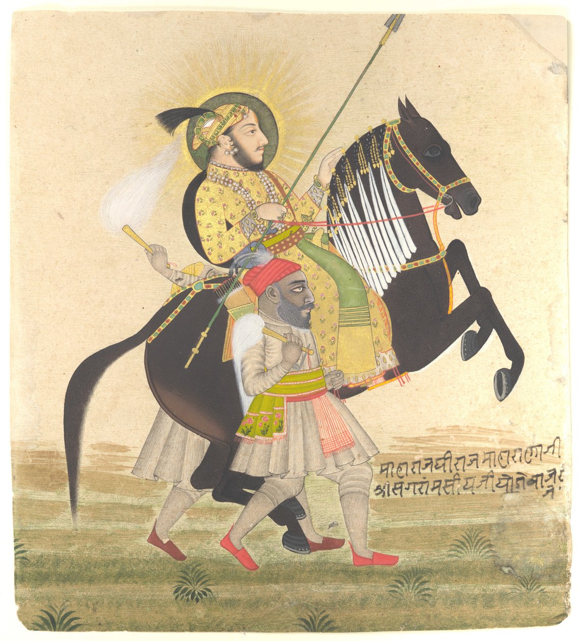 Maharana Sangram Singh Montando um Garanhão Prêmio, c.1712 (tinta, aquarela opaca, ouro e pérolas Basra no papel) de Ram Jai
