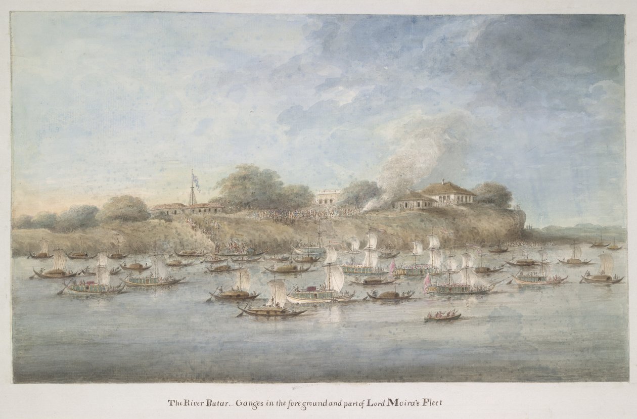 Flotilha de Lord Hastings no rio, com muitos periquitos pinnace de Ram Sita