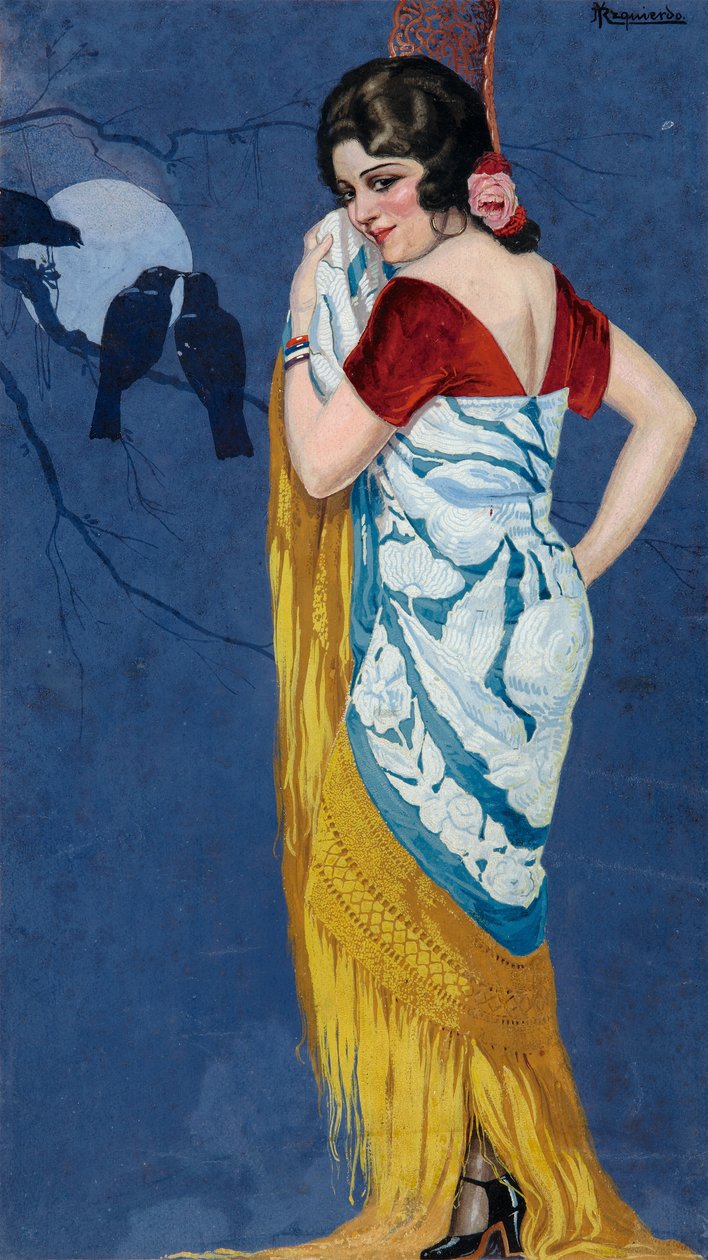 Jovem Mulher a Sorrir ao Luar, c.1925 (guache sobre papel) de Ramón José Izquierdo y Garrido