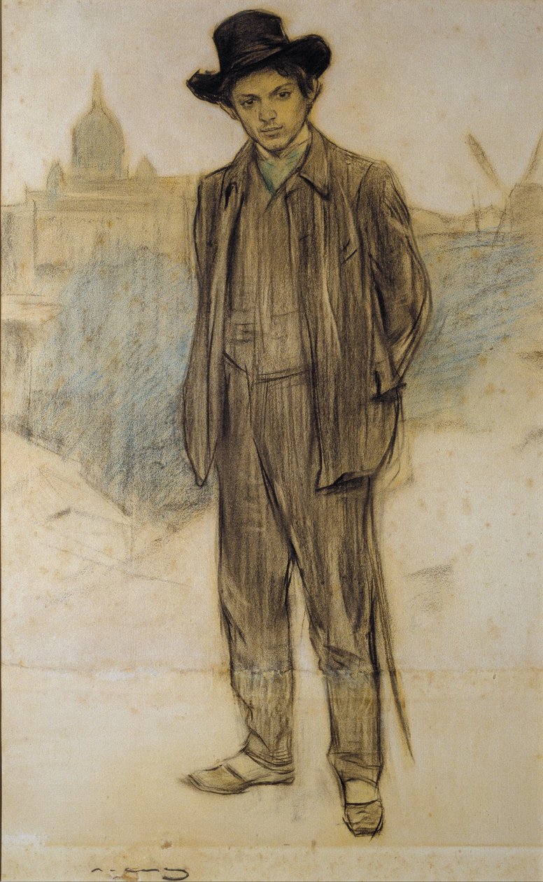 Retrato de Pablo Picasso - Obra de Ramon Casas (1866-1932) - c. 1900 - Pastel sobre papel - 69x44,5 - Museu Nacional d