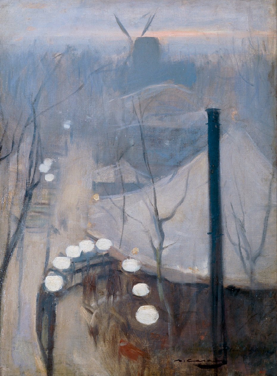 Vista do bairro de Montmartre com um moinho em Paris de Ramon Casas i Carbo