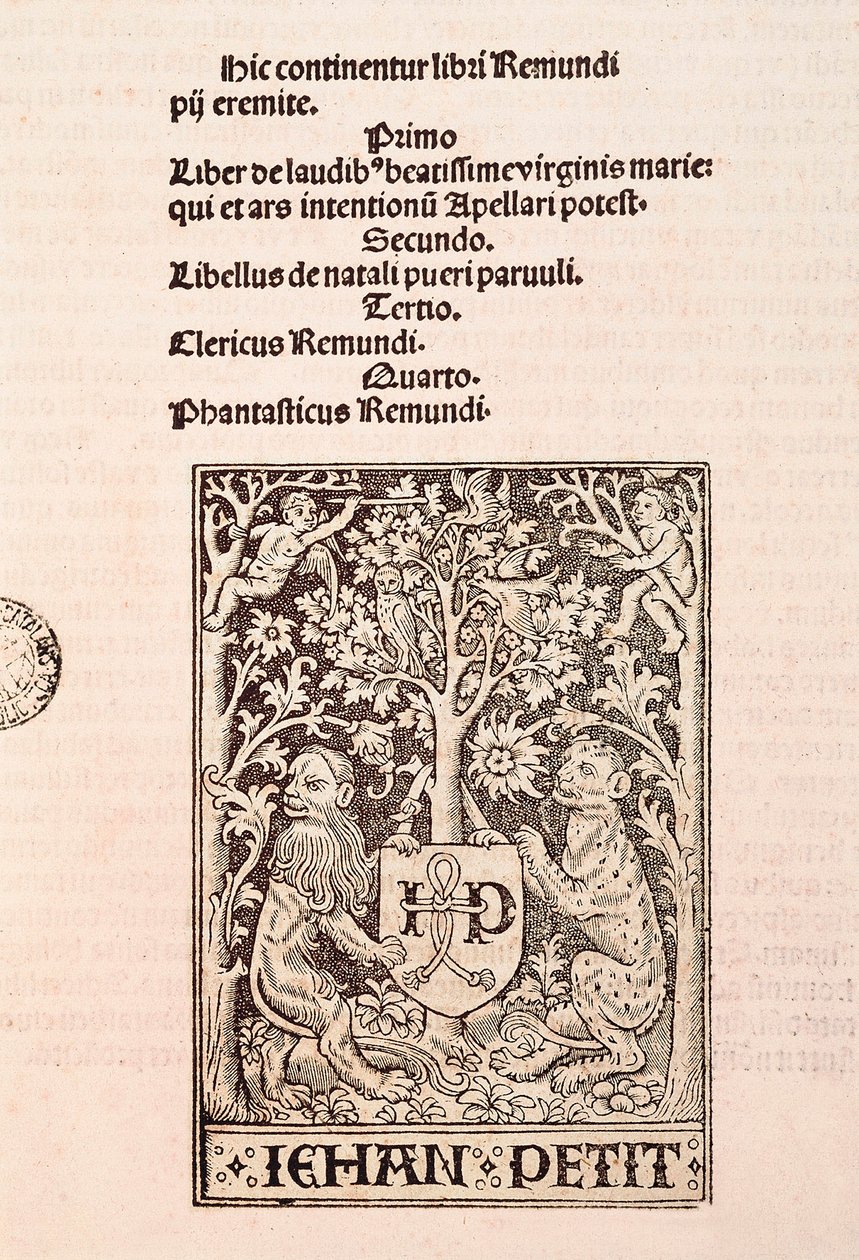 Página do códice "De Laudibus Beatissimae Virginis Mariae" de Ramon Llull (1235-1315), retratando dois leões segurando o brasão do impressor Jehan Petit de Ramon Llull