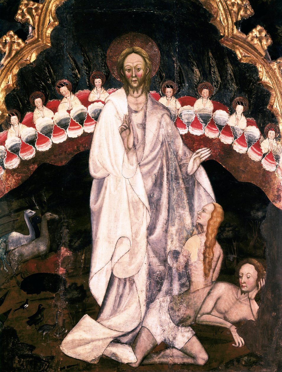 A criação do mundo, abaixo da criação de Eva, Detalhe do retábulo da Igreja de San Sebastián de Guimera. Rempe sobre madeira por Ramon de Mur (d. 1435) 1402-1412. Museu Episcopal de Vic. Catalunha Espanha de Ramon de Mur