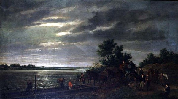 Uma carruagem e Cavalos entrando num ferry boat no rio Leck, na Holanda, à noite de Ramsay Richard Reinagle