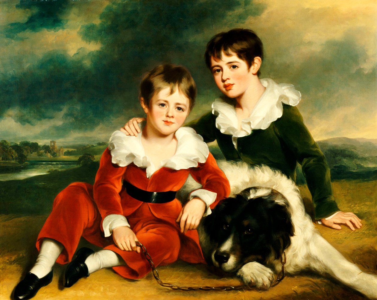 Retrato de dois meninos com seu cachorro de Terra Nova de Ramsay Richard Reinagle