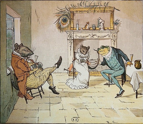 Ore, Sr. Frog, você vai nos dar uma música , ilustração de A Frog Who Would a Wooing Go, c.1900 (ver também 8465). de Randolph Caldecott