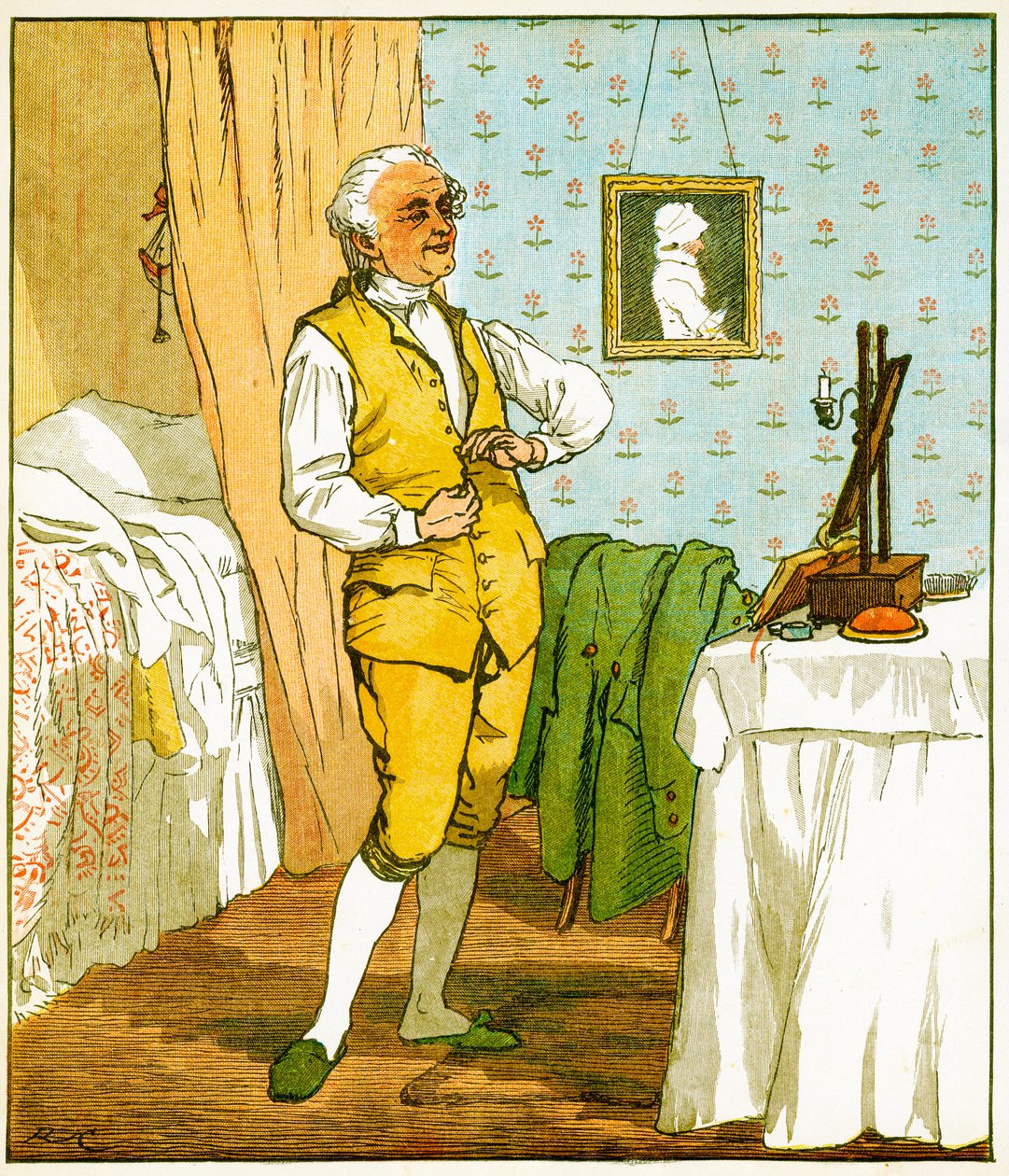 O bom homem de Islington se vestindo, ilustração de uma elegia sobre a morte de um cão louco por Oliver Goldsmith, 1879 de Randolph Caldecott
