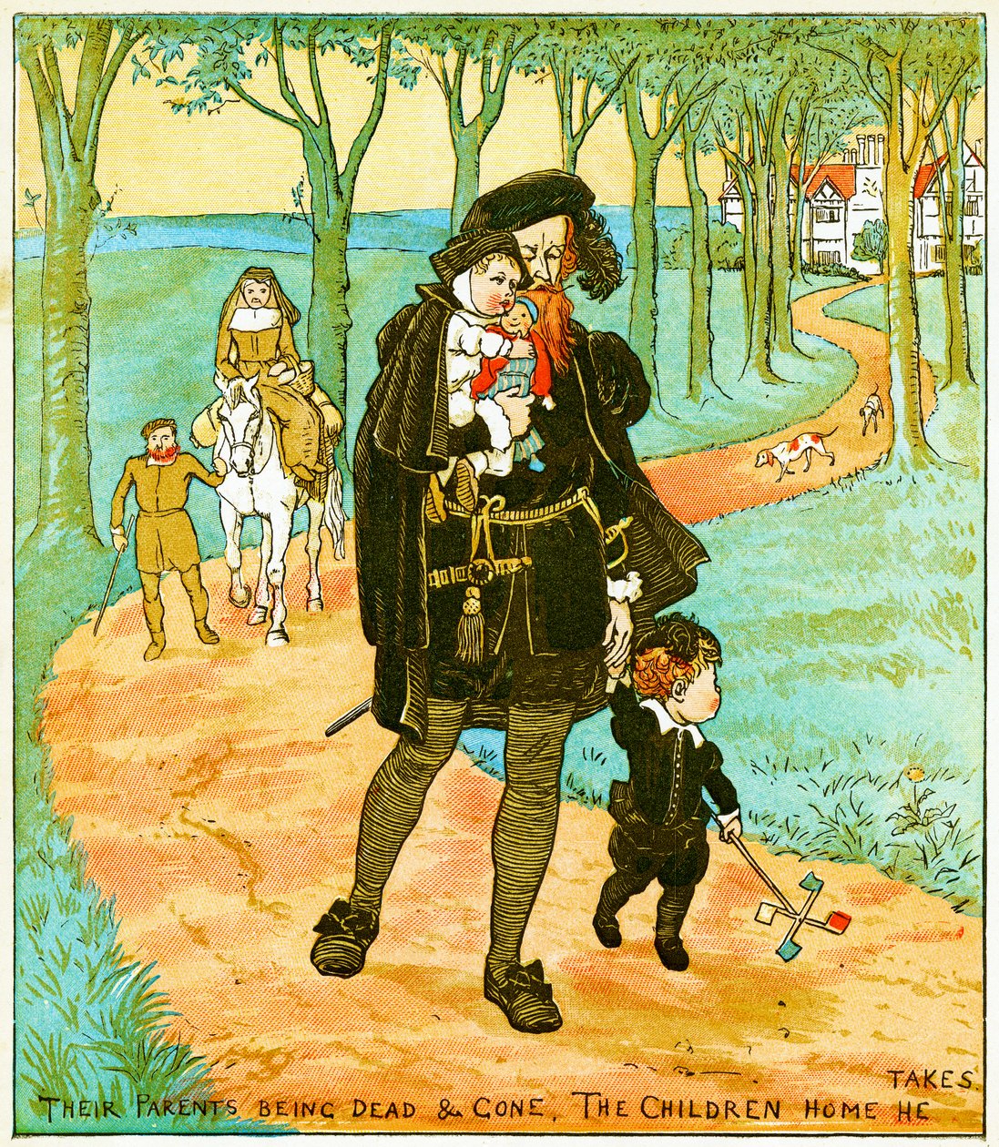 "Os pais estão mortos e foram embora, os filhos que ele leva para casa", ilustração para Babes na floresta, 1885 de Randolph Caldecott