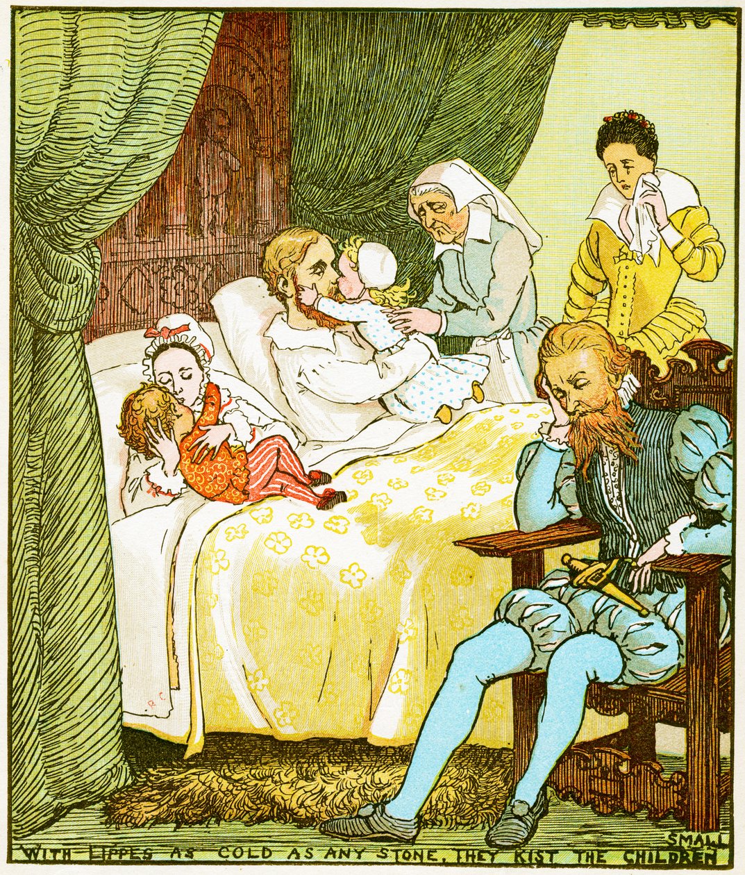Com lábios tão frios quanto qualquer pedra, eles beijam as crianças pequenas, ilustração para Babes na floresta, 1885 de Randolph Caldecott