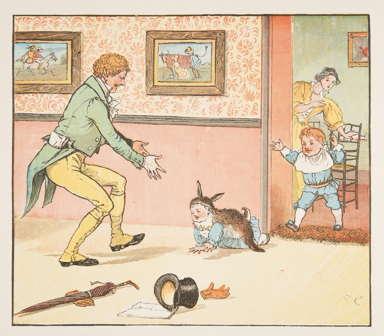 Baby Bunting envolto na pele do coelho, de The Hey Diddle Diddle Picture Book, pub.1882 (gravação a cores) de Randolph Caldecott