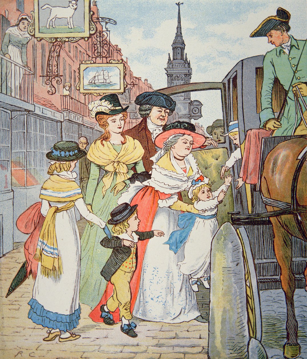 Vida familiar na América colonial - Cena de rua em Boston (aguarela no papel) de Randolph Caldecott