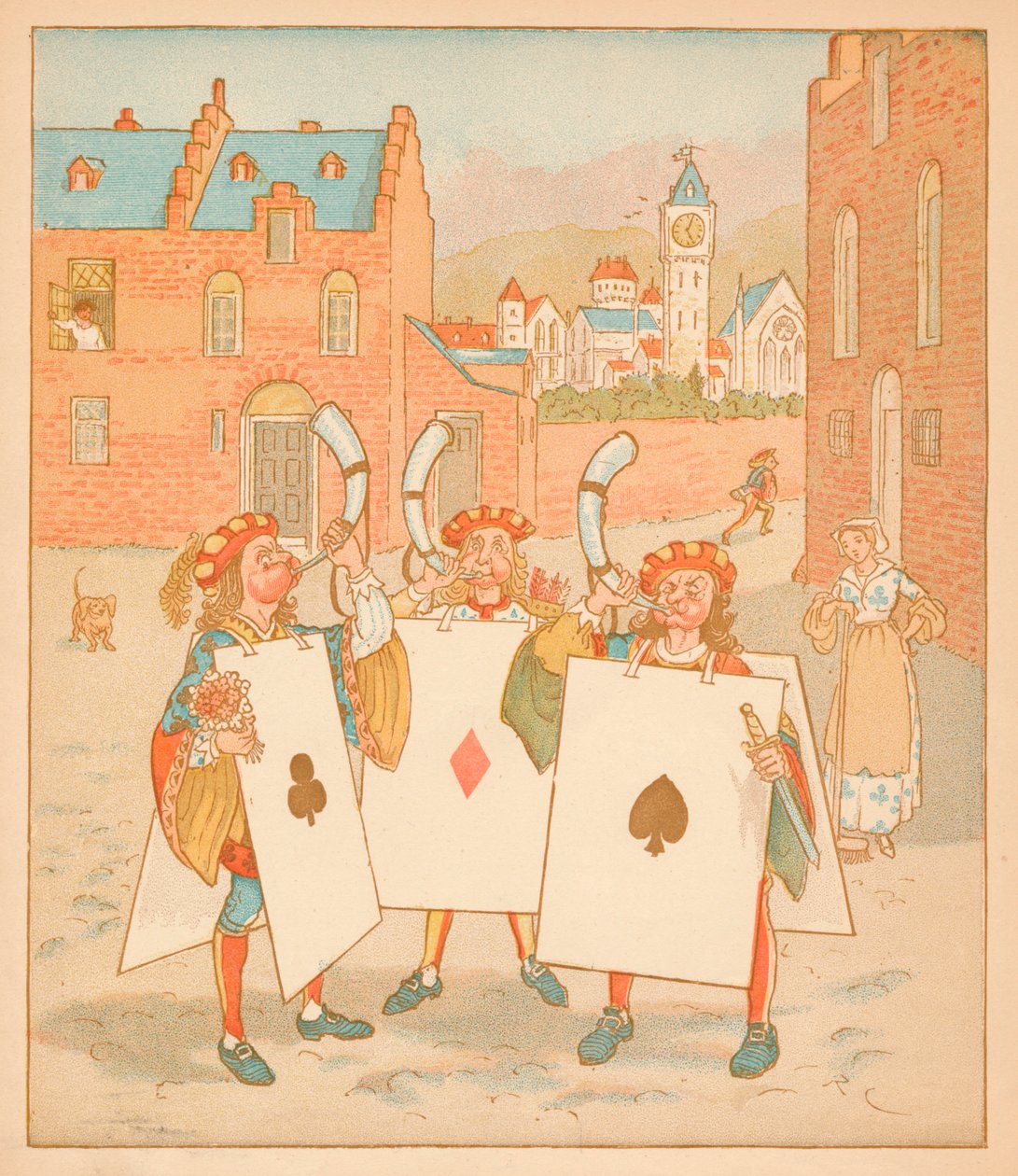 Sopradores de chifre usando cartas de baralho, 1880. de Randolph Caldecott