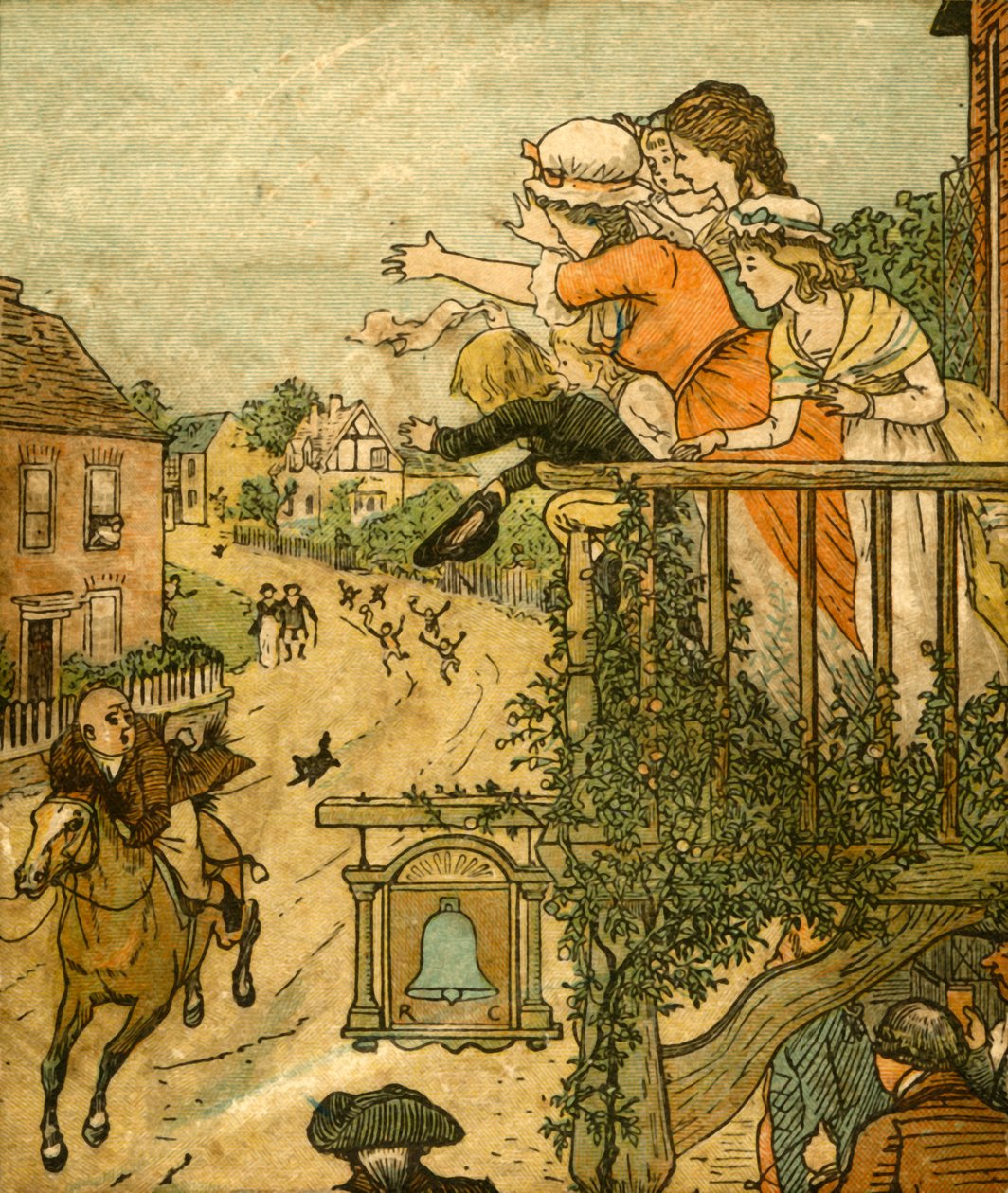 John Gilpin passa a galope pelo Bell Inn enquanto sua esposa e filhos acenam da varanda, 1878, c1918. de Randolph Caldecott