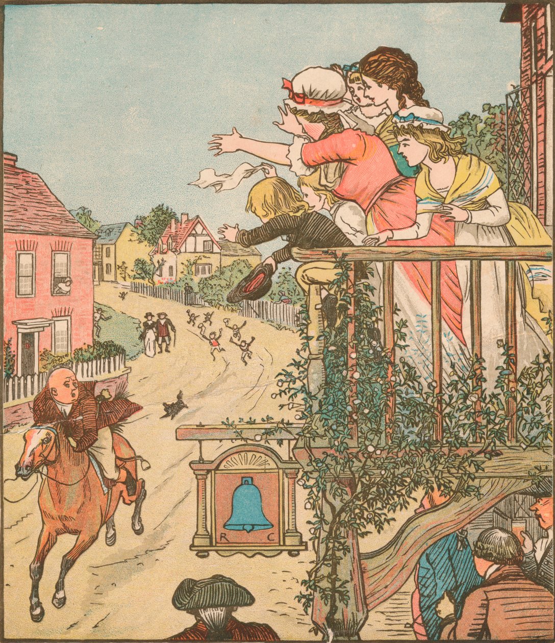 John Gilpin passa a galope pelo Bell Inn enquanto sua esposa e filhos acenam da varanda, 1878, c1918. de Randolph Caldecott