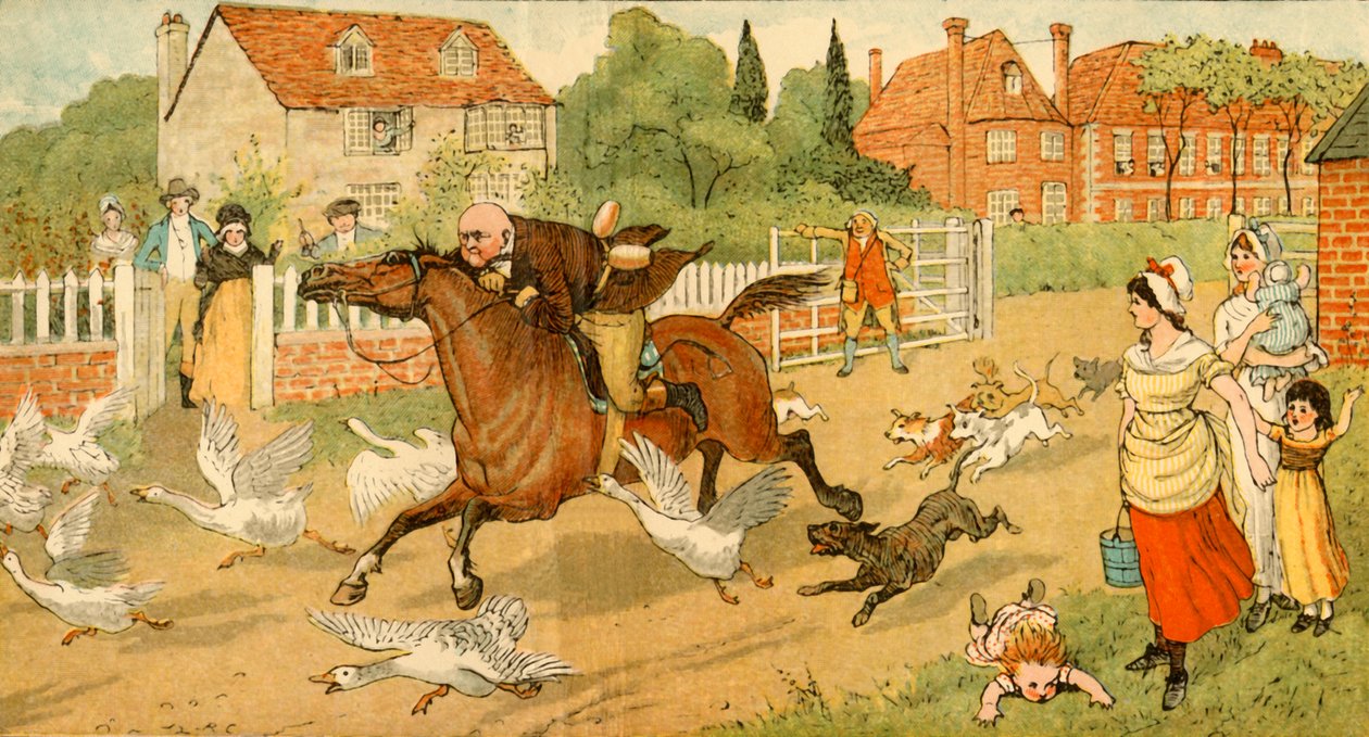 John Gilpin galopa através de uma vila, 1878, c1918. de Randolph Caldecott