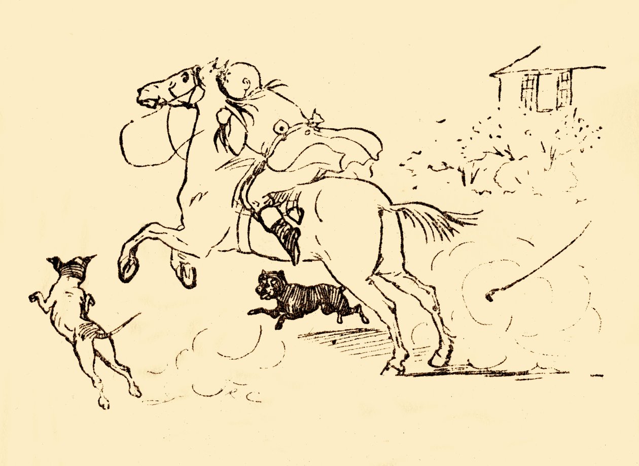 John Gilpin é perseguido por cães enquanto seu cavalo galopa fora de controle, 1878, c1918. de Randolph Caldecott