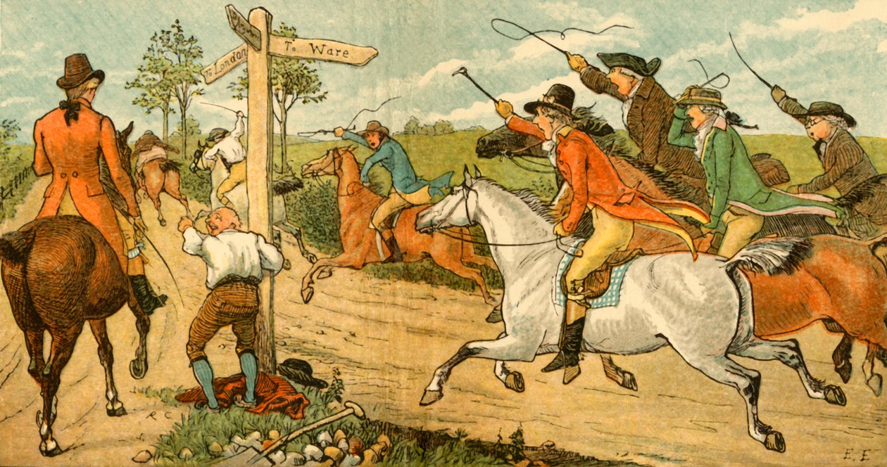 John Gilpin em seu cavalo ferrolho sendo perseguido por transeuntes, 1878, c1918. de Randolph Caldecott