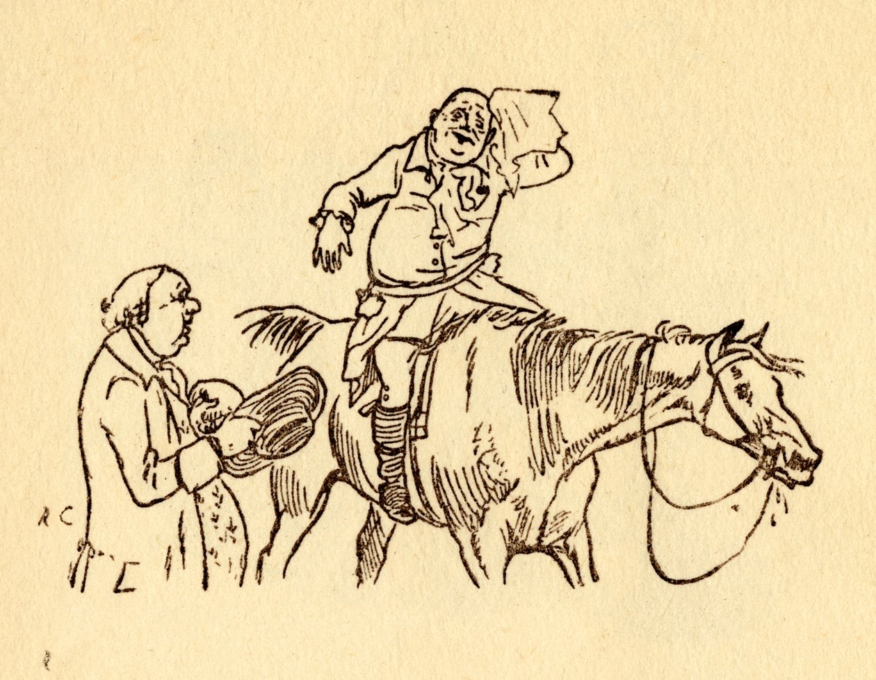 John Gilpin limpa a testa suada com um lenço, 1878, c1918. de Randolph Caldecott