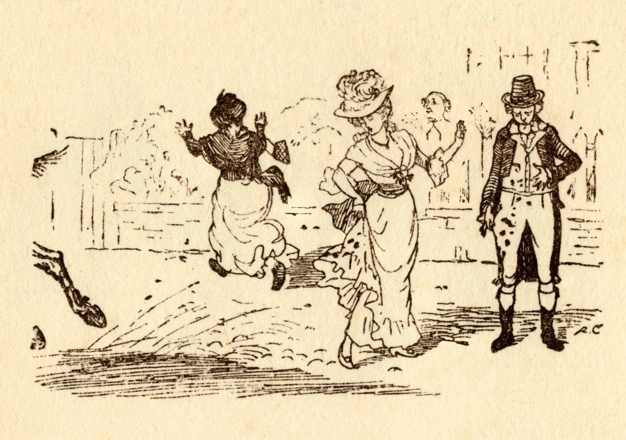O cavalo de John Gilpins espirra lama no vestido de uma mulher, 1878, c1918. de Randolph Caldecott