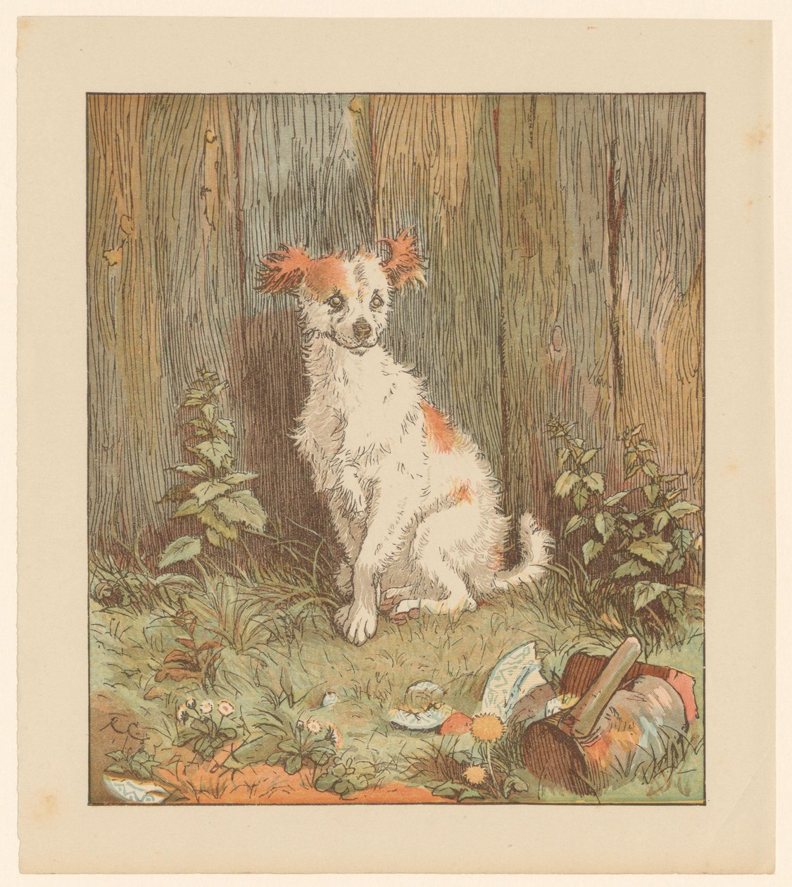 Cão pequeno sentado junto a uma vedação de Randolph Caldecott