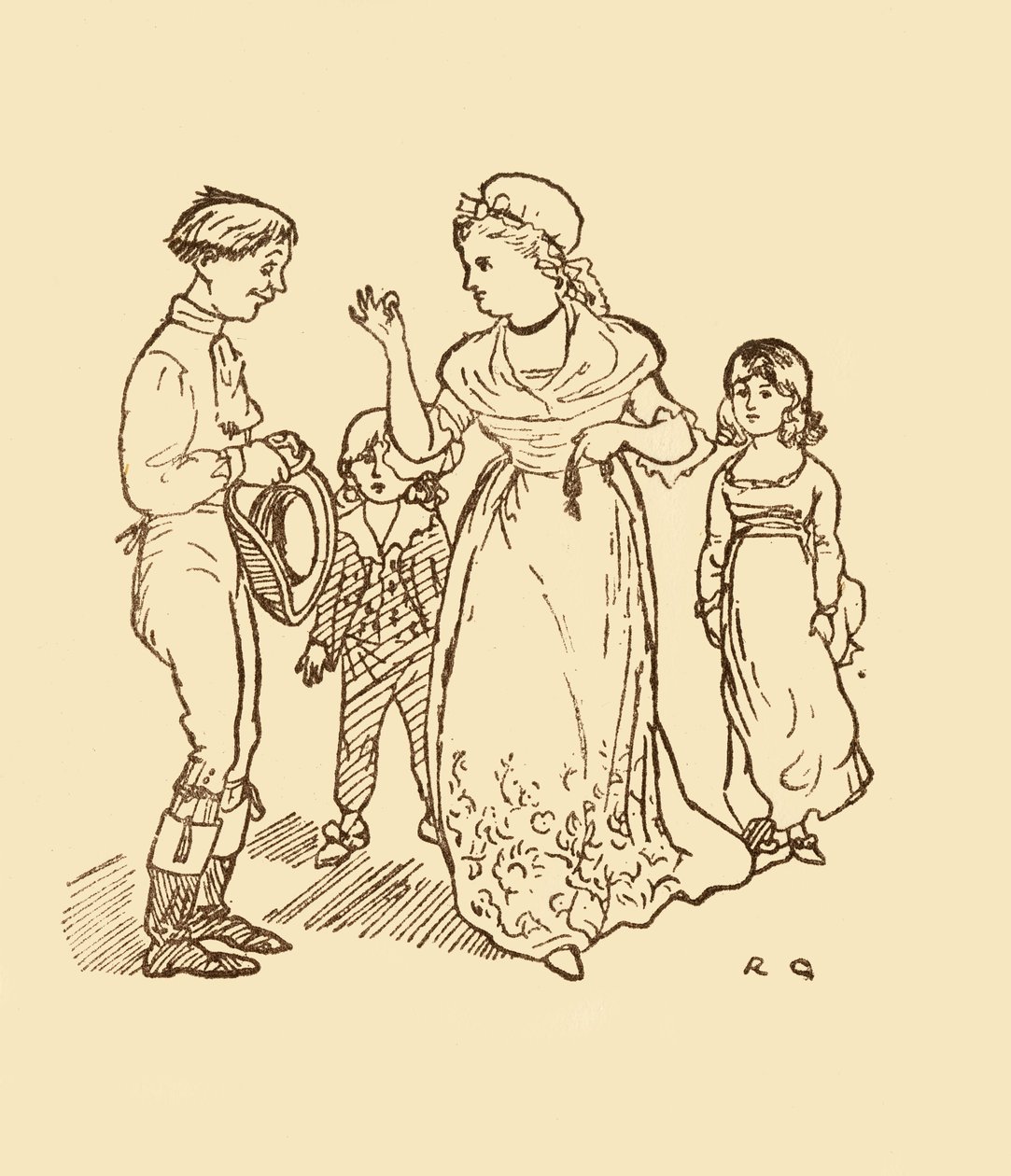 A senhora Gilpin paga ao carteiro para encontrar o marido, 1878, c1918. de Randolph Caldecott