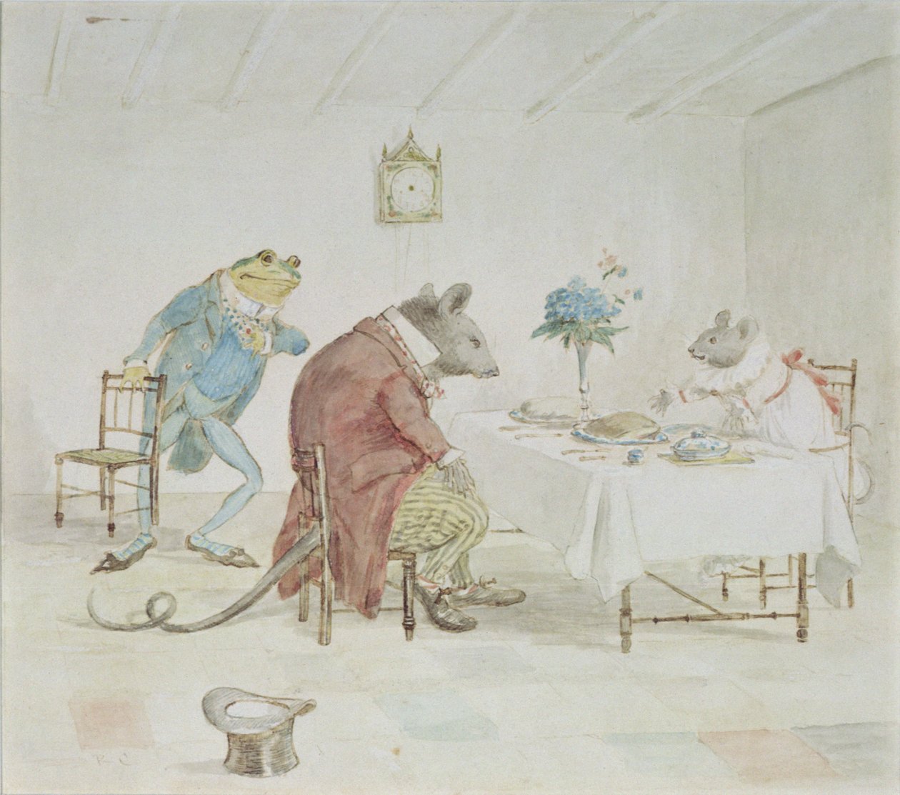 "Reze, senhorita Mouse, você vai nos dar um pouco de cerveja", ilustração de "A Frog He Would A-Wooing Go" de Randolph Caldecott