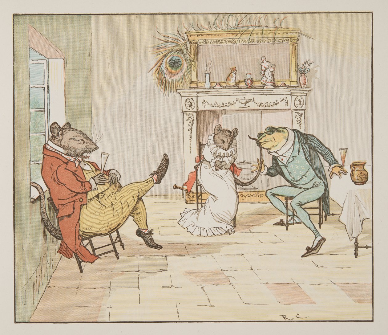 "Reze, Sr. Sapo, pode dar-nos uma canção?", de The Hey Diddle Diddle Picture Book, pub.1882 (gravação a cores) de Randolph Caldecott