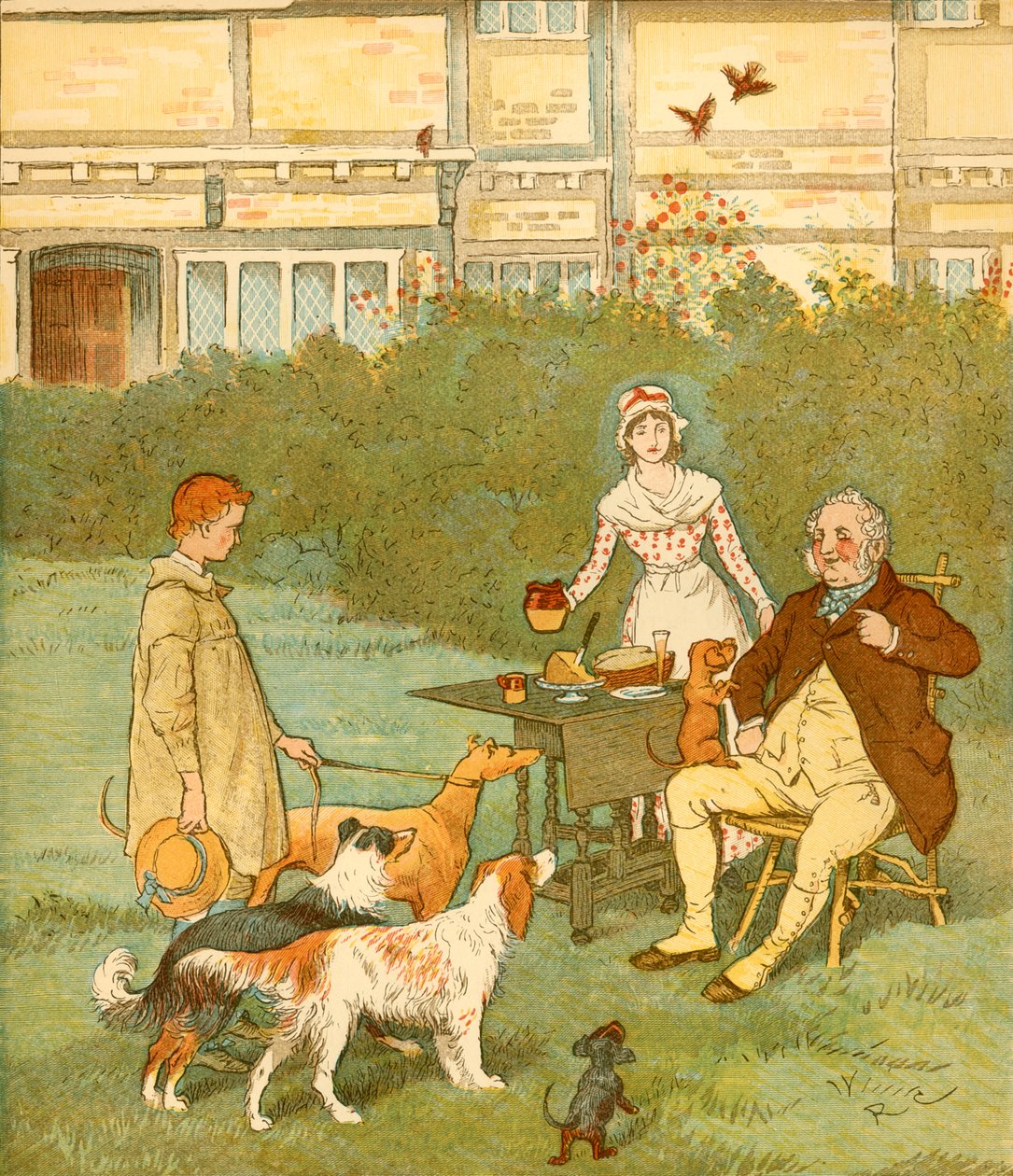O menino dos fazendeiros com seus cães mestres, c1881. de Randolph Caldecott
