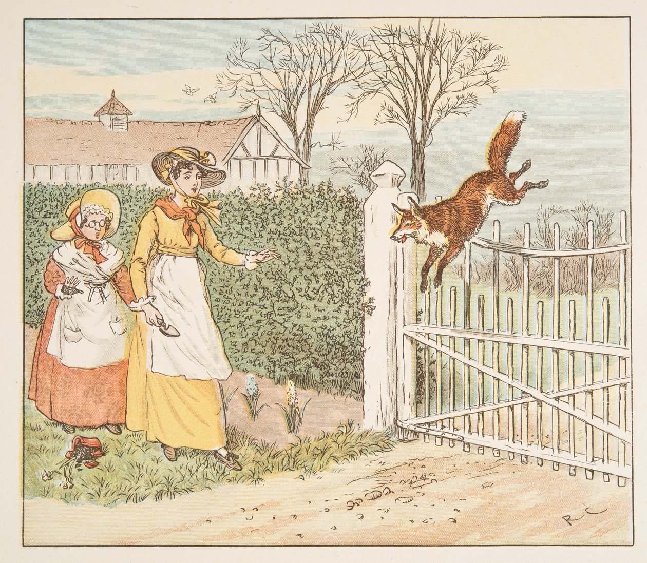 A Raposa salta sobre o portão do pastor, de The Hey Diddle Diddle Picture Book, pub.1882 (gravação a cores) de Randolph Caldecott