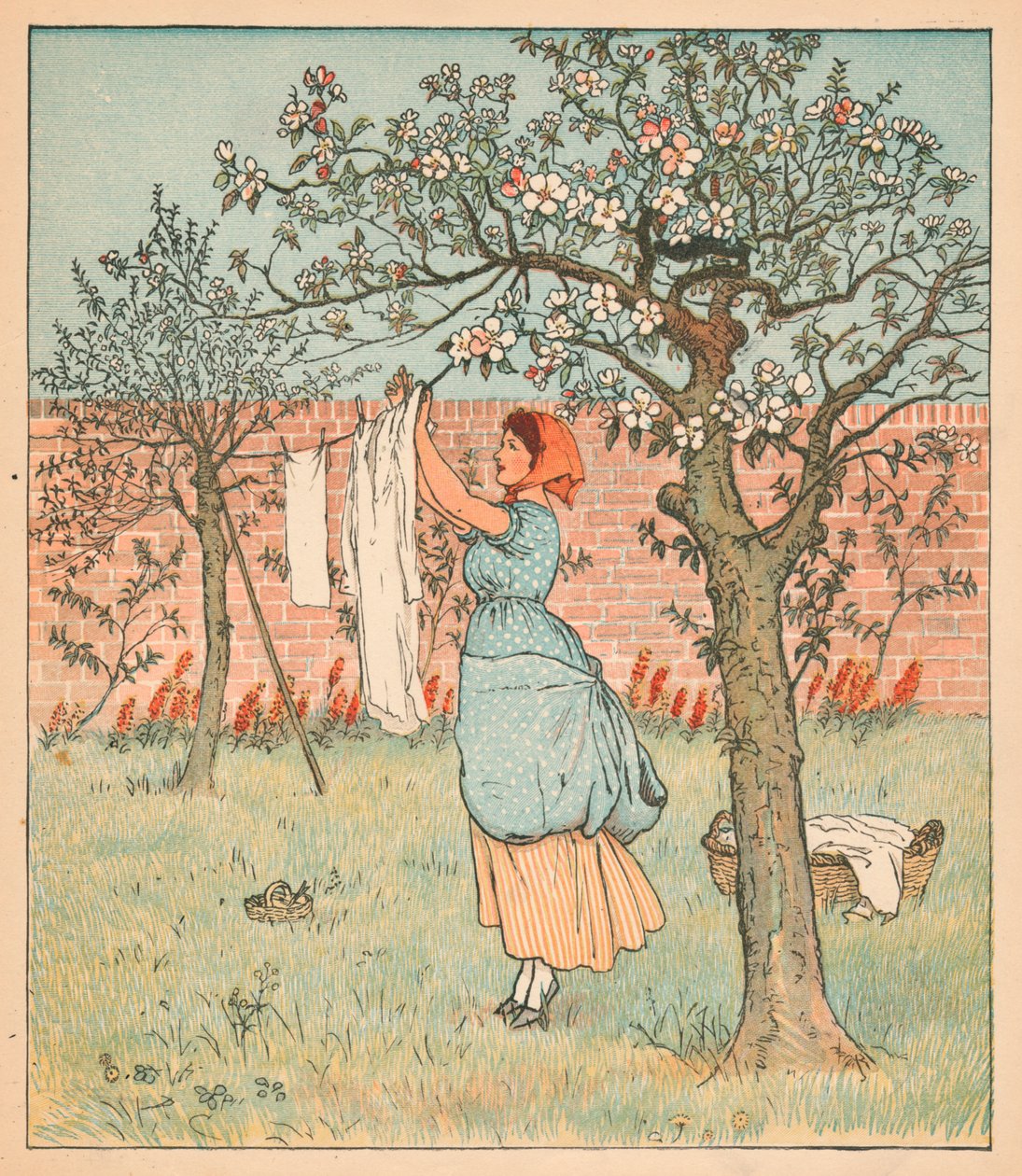 A empregada doméstica estava no jardim, pendurando as roupas, 1880. de Randolph Caldecott
