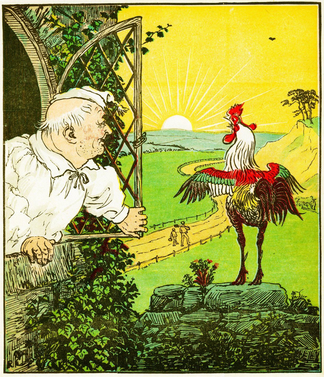 "Este é o galo que cantou de manhã, que acordou o juiz todo raspado e tosquiado", ilustração de A Casa que Jack Construiu de Randolph Caldecott