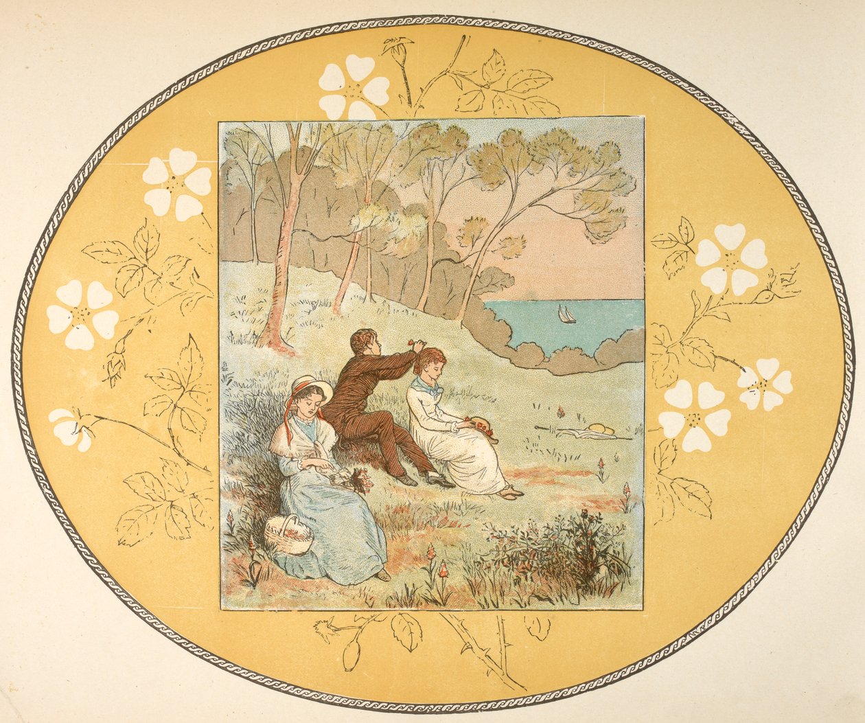 Duas mulheres e um homem sentados numa clareira perto da costa. Fronteira floral. de Randolph Caldecott