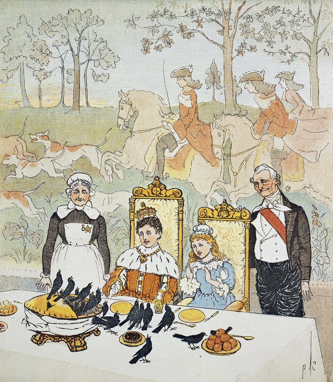 Um rei e uma rainha sentados à mesa rodeados de criados, atrás deles uma cena de caça. Placa 14 de "The Picture Book" de Randolph Caldecott (1846-1886). 1879. The British Library Institution Reference: Shelfmark ID: 12805.s.17 A King and Q de Randolph Caldecott