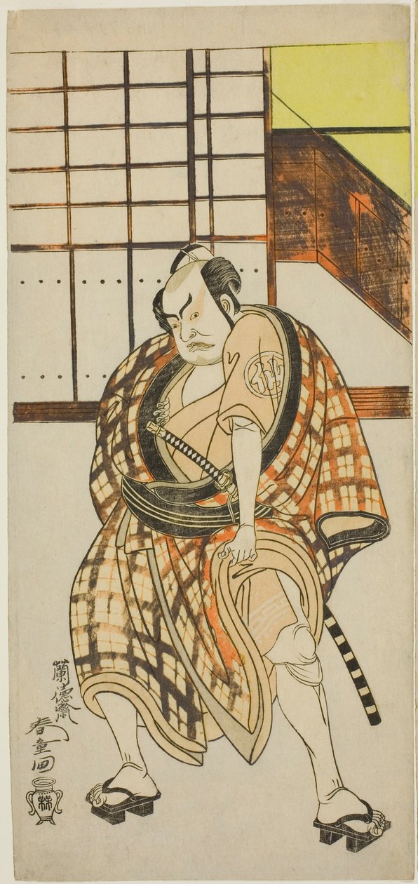 O ator Nakamura Sukegoro II como Sasano Sangobei na segunda parte da peça Iro Moyo Aoyagi Soga (Green Willow Soga of Erotic Design), apresentada no Teatro Nakamura no segundo mês de 1775 de Rantokusai Shundo