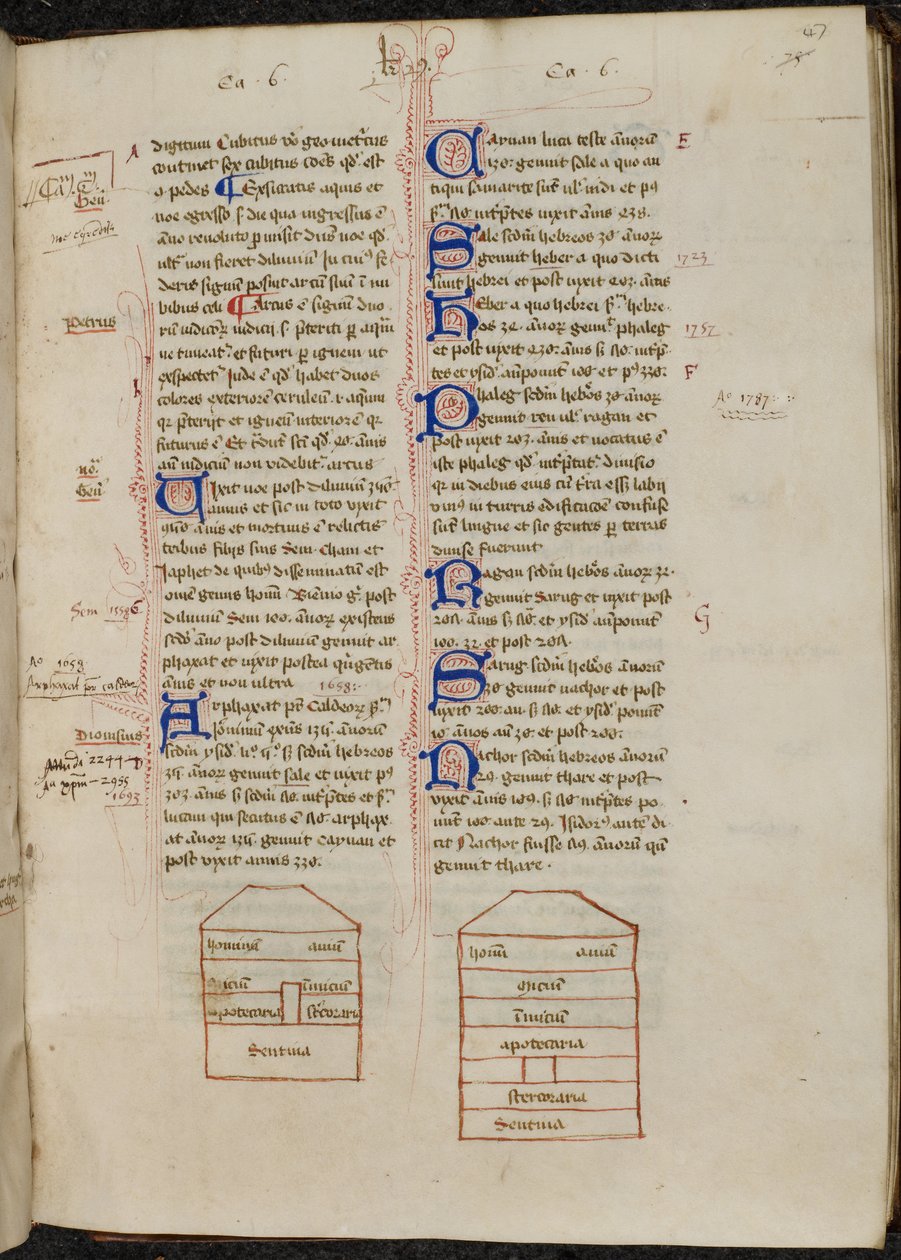 Desenhos de tinta da Arca de Noé e iniciais decoradas com flores de caneta no livro 2., meados do século XV (pergaminho) de Ranulf Higden
