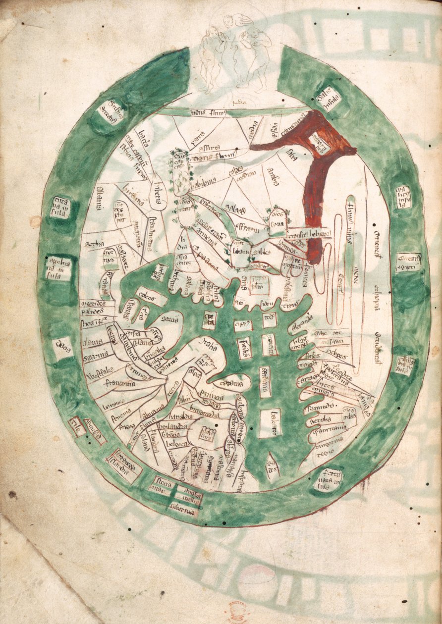 Mapa do Mundo, f.2v de Polychronicon, c.1400 (velino) de Ranulf Higden