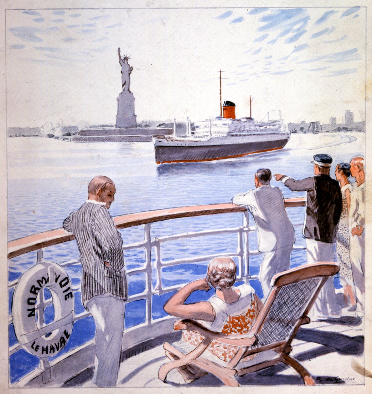 Transporte. Marítimo. Chegada do transatlântico Le Normandie ao porto de Nova Iorque. Ilustração de Raoul du Gardier de Raoul Du Gardier