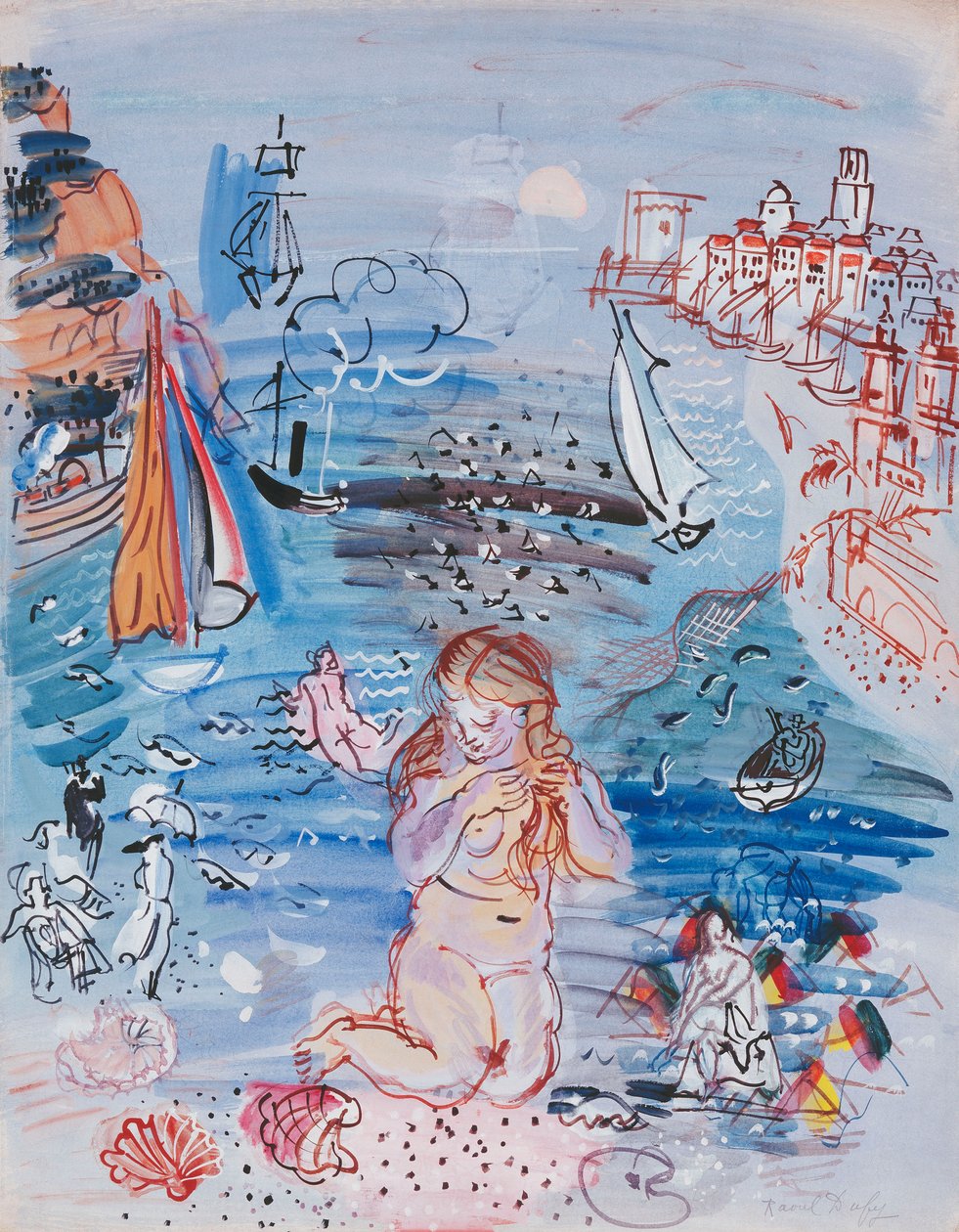 Amphitrite in the Port of Marseilles; Amphitrite dans le Port de Marseille, c.1927-30 (aguarela e guache sobre papel sobre cartão espesso) de Raoul Dufy