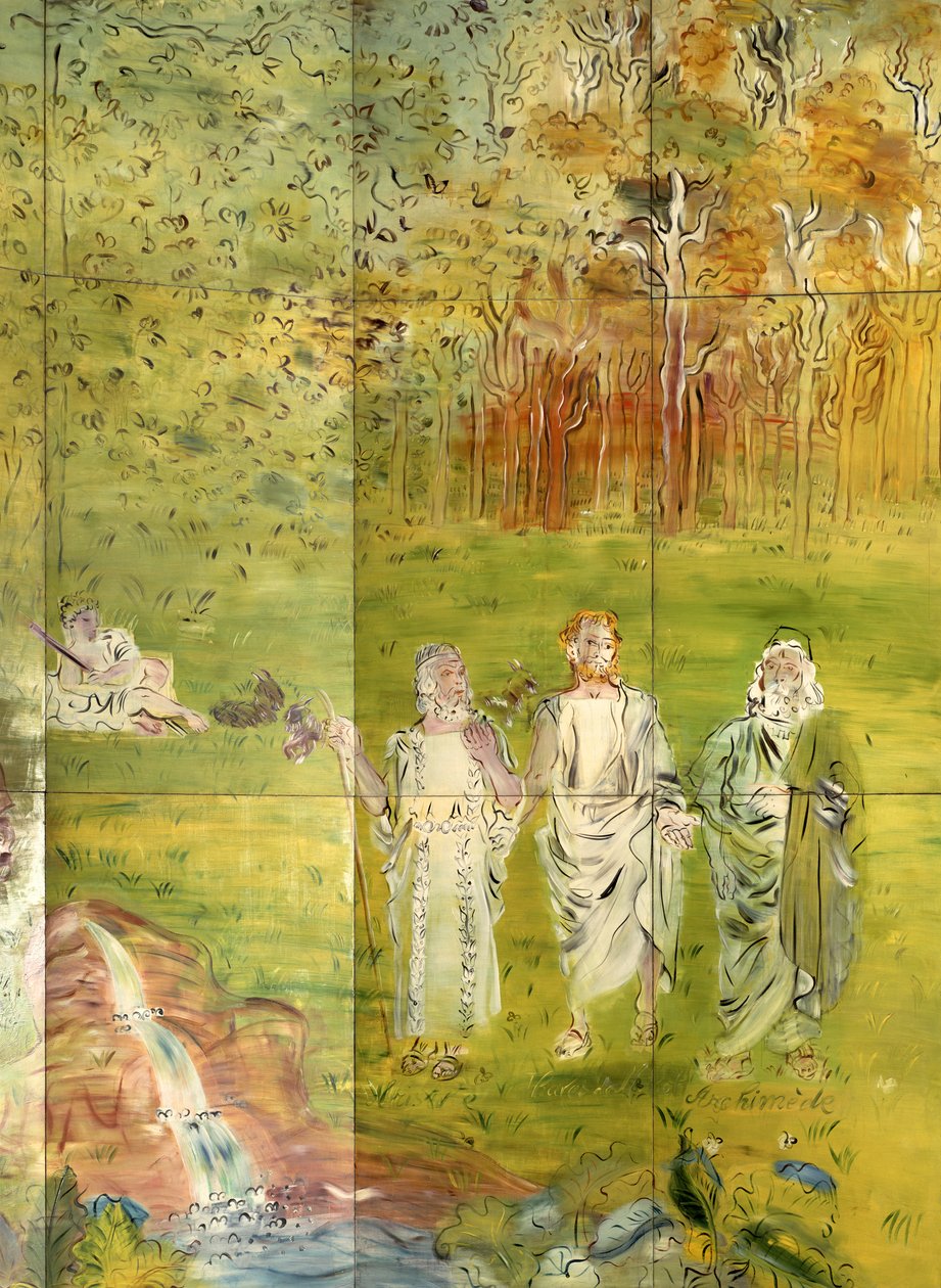 Arquimedes (287-212 a.C.), Tales (625-547 a.C.) e Aristóteles (384-322 a.C.) de "La Fee Electricite de Raoul Dufy
