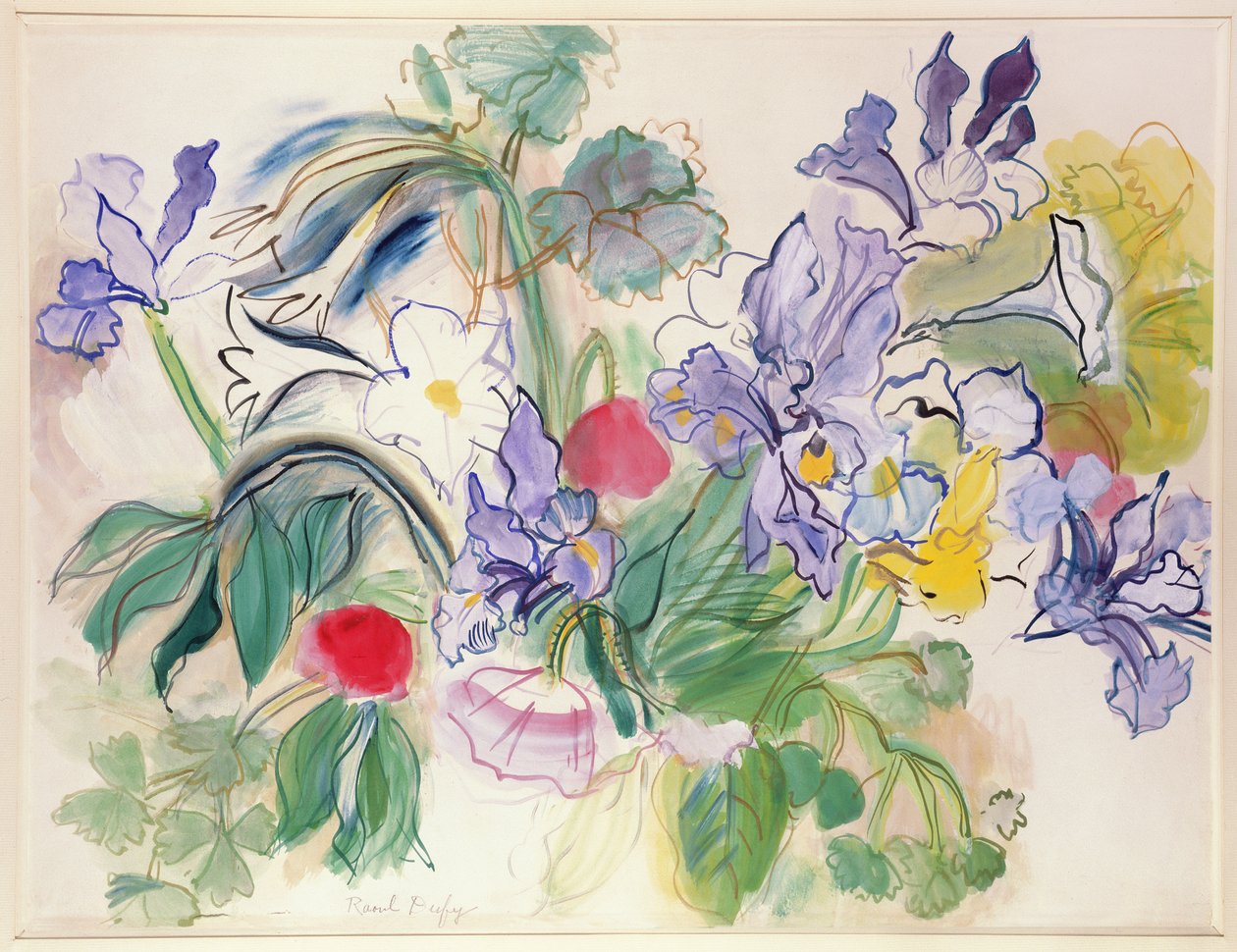 Bouquet de íris e papoilas vermelhas, c.1948 (aguarela sobre papel) de Raoul Dufy