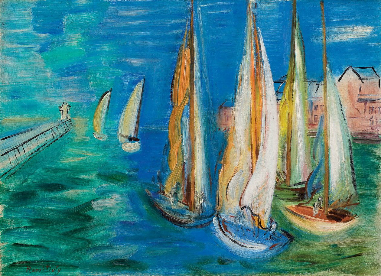 Partida dos barcos à vela em Deauville; Depart des voiliers a Deauville, c.1930 (óleo sobre tela) de Raoul Dufy