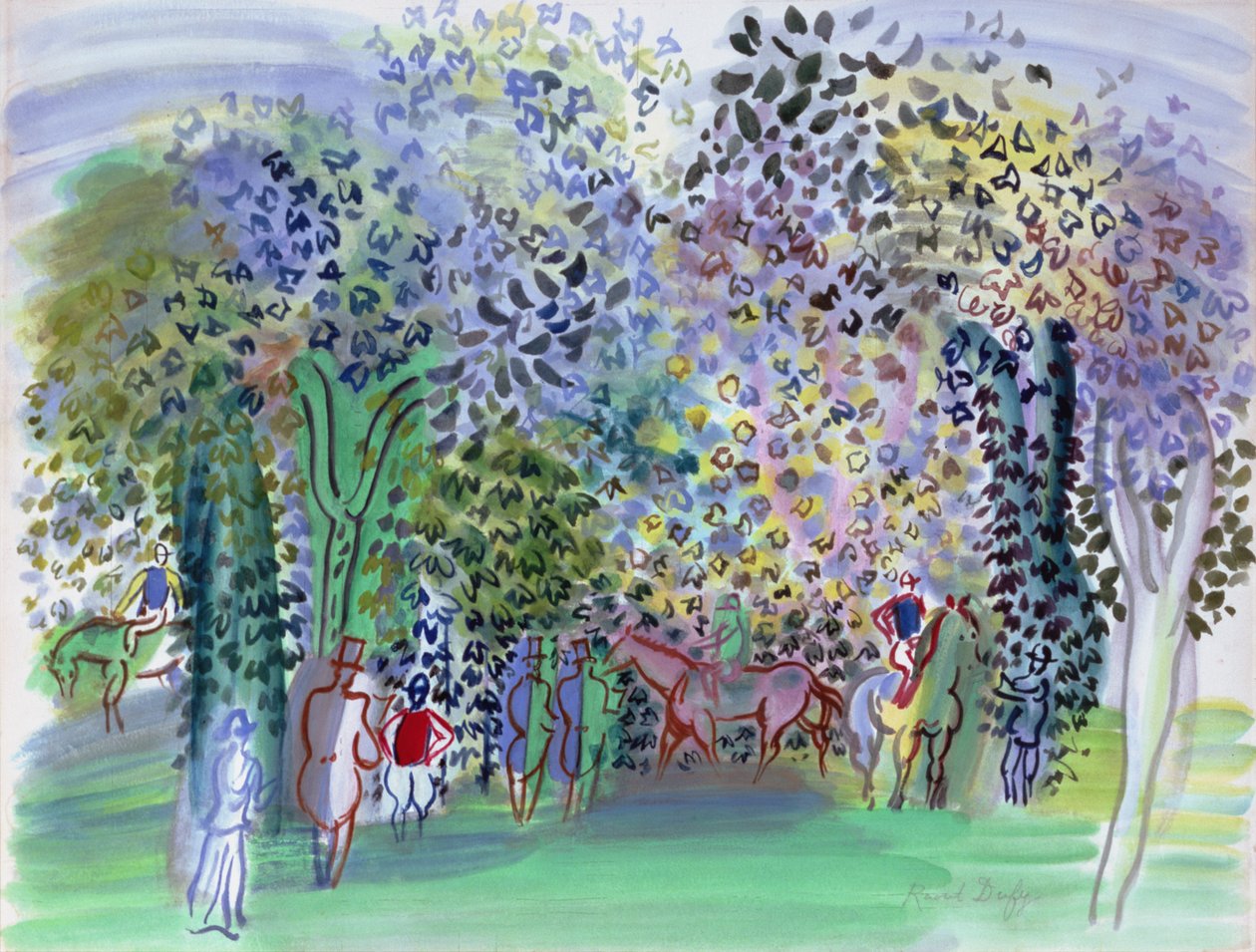 Cavalos e jóqueis debaixo das árvores, c.1930-1 (aguarela) de Raoul Dufy