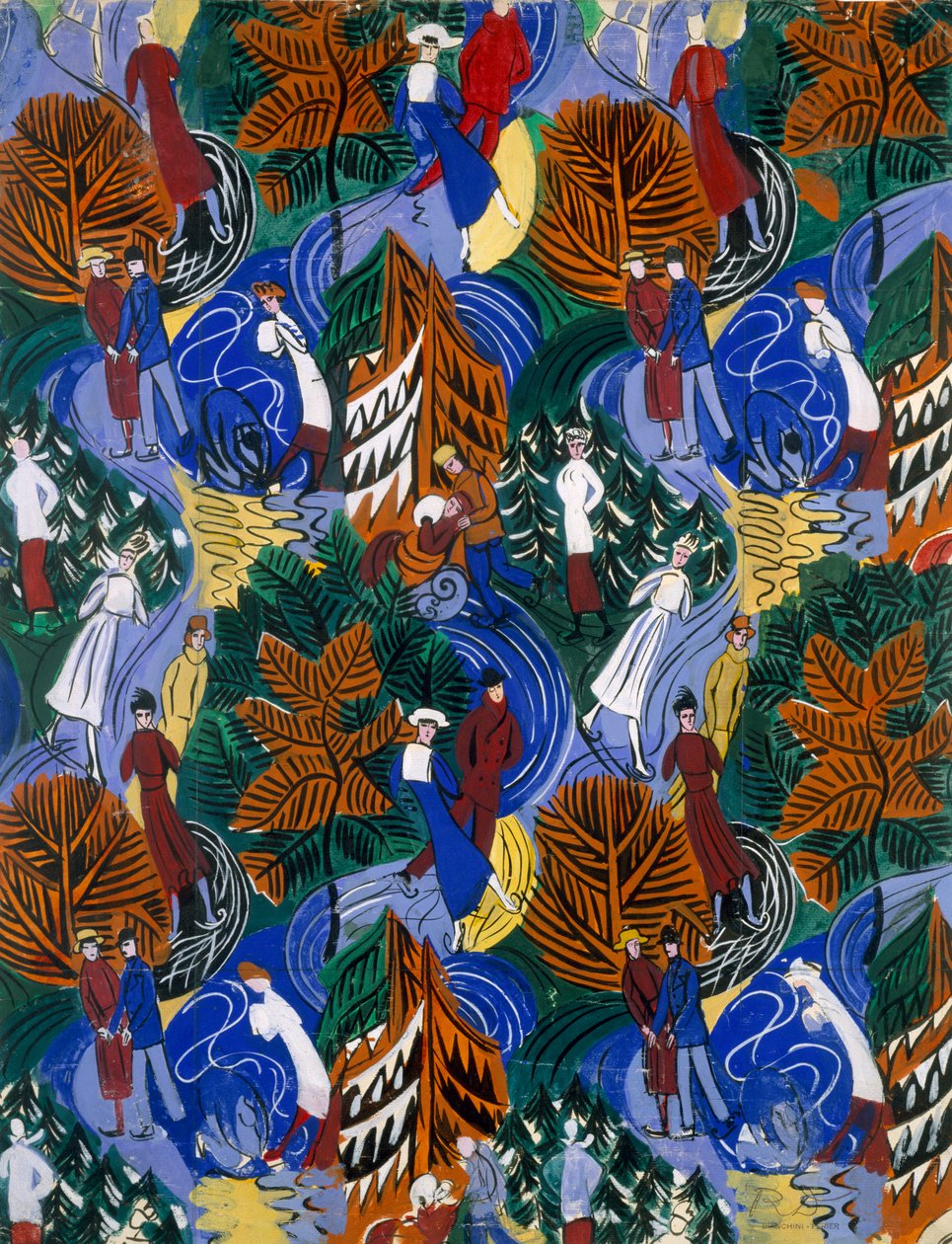 Patinadores de gelo, desenho para seda estampada, c.1914-20 (litografia a cores) de Raoul Dufy