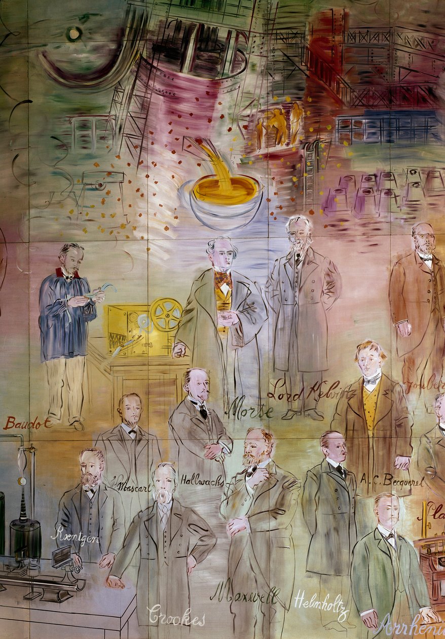 La Fee Electricite, pormenor: Retratos de Emile Baudot, Samuel Morse, William Thomson (Lord Kelvin), Jules Francois Joubert, Wilhelm Conrad Rentgen, Eleuthere Mascart, Wilhelm Hallwachs, Henri Becquerel, William Crookes, James Clerk Maxwell, Hermann von He de Raoul Dufy